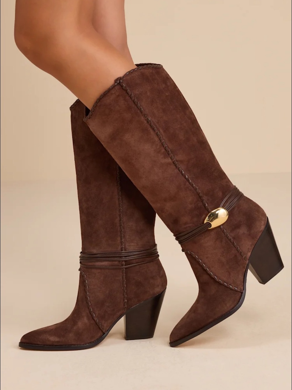 Dolce Vita Dark Brown Suede Western Knee Boots with Gold Accent